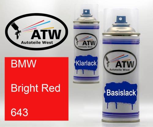 BMW, Bright Red, 643: 400ml Sprühdose + 400ml Klarlack - Set, von ATW Autoteile West.